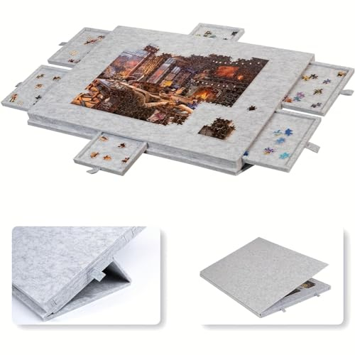 Jigsaw Puzzle Board with 6 Drawers, Tilting Felt Puzzle Board 2 in 1 Designed Stand & Cover, Puzzle Game Table Foldable & Portable, Jigsaw Board Fit for Jigsaw Puzzle 1000 Pieces (Light Grey)