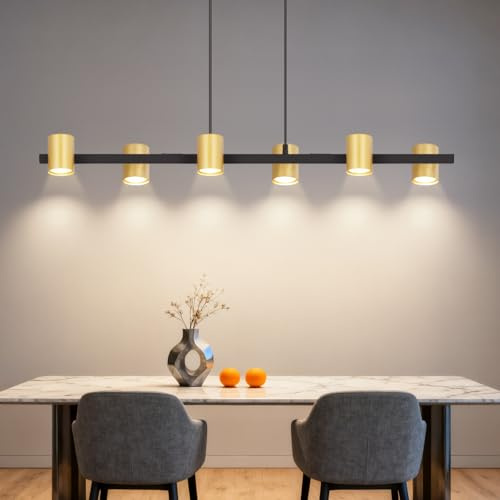 Kowanie Pendelleuchte esstisch Hängelampe 6 Flammig: Modern Esstischlampe hängend in Schwarz Gold GU10 Esszimmerlampe Metall Hängeleuchte Industrial für Küche Wohnzimmer Esszimmer- Ohne Leuchtmittel