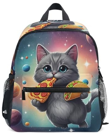 FWJZDSP Mochila infantil para niño pequeño con diseño de gato, pizza y taco, con etiqueta para nombre. Mochilas para niños y niñas.