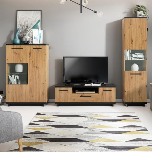 Wohnwand in Eiche & Schwarz mit Highboard & Vitrine, 3-teilig - modern