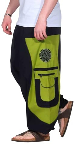 Kunst und Magie Flower of Life Hippie Haremshose Goahose Cargohose, Größe:L/XL, Farbe:Schwarz/Lemon