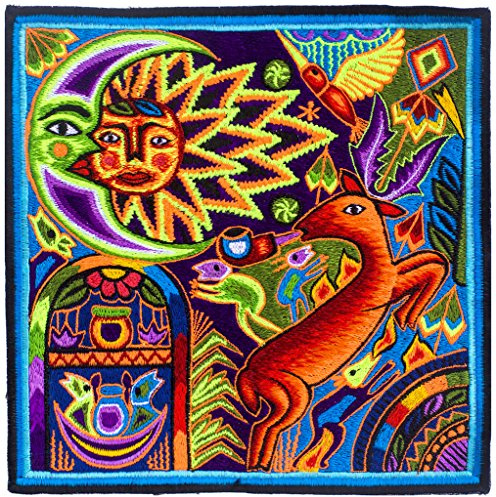ImZauberwald Huichol Peyote Spirit Sonne Aufnäher (20cm, Schwarzlicht aktiv, handgestickt ohne PC) Hikuri Meskalin Kaktus Patch Kunst