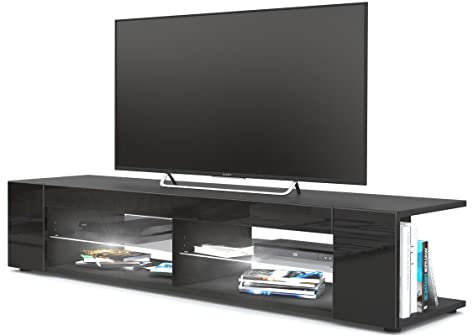 Vladon Lowboard Movie, TV-Kommode mit 4 offenen Fächern und Zierleisten, Schwarz matt/Schwarz Hochglanz, inkl. LED-Beleuchtung in weiß (134 x 29 x 39 cm)