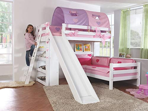 Froschkönig24 Etagenbett Sky Kinderbett mit Rutsche Spielbett Bett Weiß Stoffset Lila/Rosa