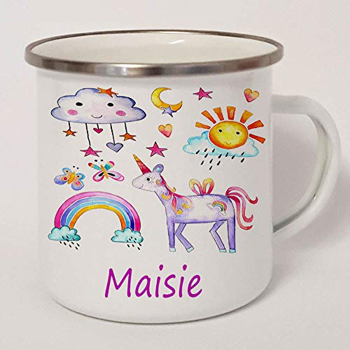 Personalised Girls Unicorn Camping Mug, Toddler Cup, Kids Cups Easter Gift, Birthday Present, Enamel Cup