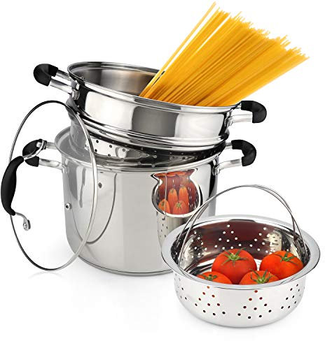 AVACRAFT 18/10 Edelstahl, 4-teiliges Pastatopf-Set mit Siebeinsatz, Suppentopf mit Dampfkorb und Pastatopf-Einsatz, Pasta-Kocher-Set mit Glasdeckel, 7 Quart