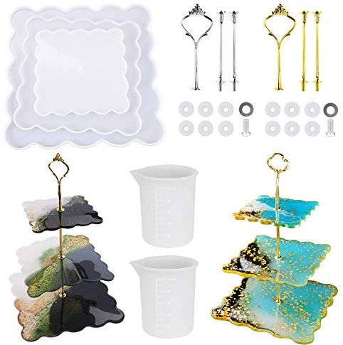 Woohome Schmuck Silikonform 3-Teilige Tablett Gießform Resin Mold Wave Achat Obsttablett Silikonform mit 3 Abgestuft Kronenhalterung für Cupcakes Früchte Dessert Oder Tee, Quadrat