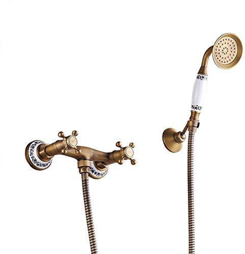 Rubinetto Vasca Bagno, Miscelatore Esterno Per Vasca/doccia 2 Manopole, Con Doccetta & Tubo Flessibile 1.5M & Supporto, Ottone Anticato, Supporto a Parete Per Vasca, Bronzo