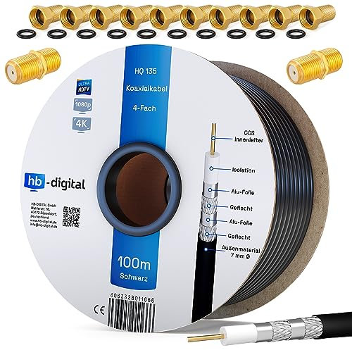HB-DIGITAL 100m Koaxialkabel SAT HQ135 PRO inkl. 2x F-Verbinder + 10x F-Stecker vergoldet GRATIS dazu | Satellit Antennenkabel 4-Fach geschirmt für DVB-S/S2 DVB-C/C2 DVB-T/T2 DAB+Radio BK Anlagen
