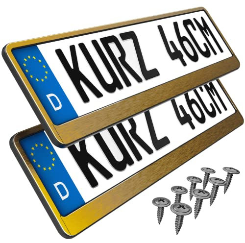 2 Kennzeichenhalter kurz 46 x 11cm Auto Nummernschildhalter Kurze Kennzeichenhalterung 460mm x 110mm Kurzer kennzeichenhalter (Gold Chrom gebürstet)