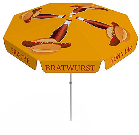 Vispronet Sonnenschirm Bratwurst Imbiss mit 2-teiligem Schirmstock - ∅ 180 cm - kippbar - für Garten, Balkon, Terrasse, Stehtische