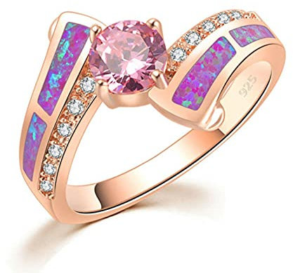 LOKILOKI Zeitlos Violett Lila Feueropal Ringe Rose Gold Farbe Rosa Zirkonia Kristall Runder Stein Klassischer Schmuck Frauen Mädchen