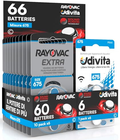 66 Batterie Per Apparecchi Acustici Rayovac Extra Advanced 675. 66 Pile: 60 Rayovac + 6 Udivita