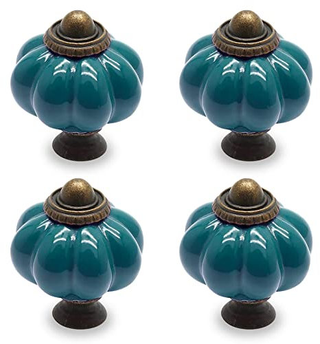 Seimneire 4pcs Teal Pumpkin Knobs, Vintage Ceramic Cabinet Handles, Dresser Drawer Door Pulls With Mounting Screws