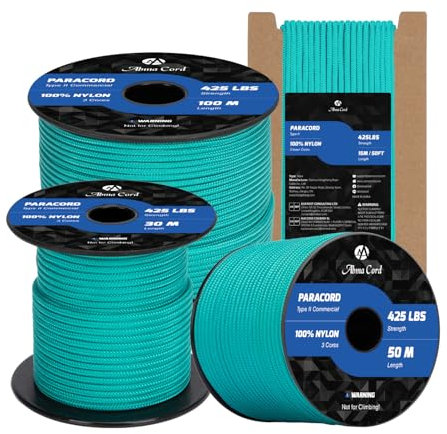 Abma Cord Paracord 3mm 50M 100% Nylon Seil Paracord 425 Typ II Schnur mit 3 Kern für Basteln, Camping, Survival - Max. 192kg (425lbs) - Türkis
