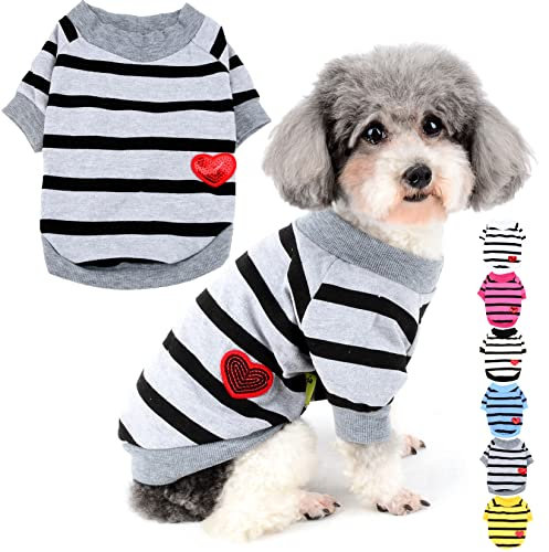 Zunea Hunde-Shirts für Kleine Hunde Sommer Basic T-Shirt Streifen Welpen Kleidung Pailletten Liebe Herz Sweatshirt Weiche Baumwolle Tee Shirt Haustier Kleidung Pullover Chihuahua Bekleidung Grau M