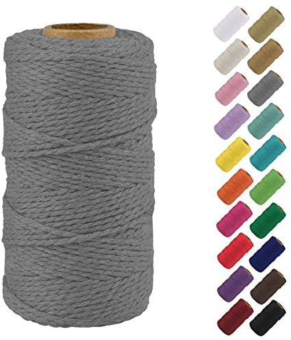 Binwat Natural Macrame Cotton Cord Twine String Colored Cotton Rope Yarn for DIY Crafts Knitting Plant Hangers Christmas Wedding Decor (Grey, 2mmx100m)