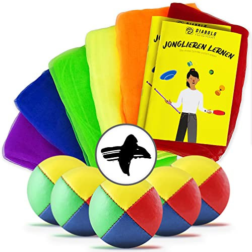 Diabolo Freizeitsport Kit de jonglage idéal pour les débutants – 5 balles de jonglage professionnelles, 6 chiffons de jonglage colorés et instructions utiles (français non garanti) – Parfait pour