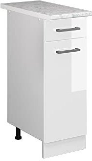 Vicco Küchenunterschrank R-Line, Schubladenschrank für die Küche, Weiß Hochglanz/Weiß, 30 cm, AP Marmor