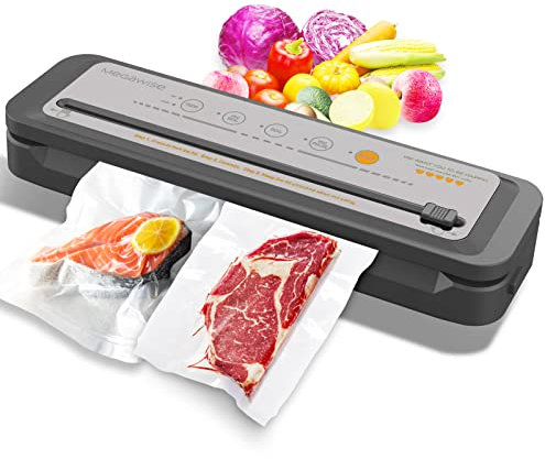 MegaWise Vakuumiergerät – Leistungsstarke 80 kPa Saugleistung, integrierter Schneider, Ein-Tasten-Bedienung, inkl. 10 BPA-freien Beuteln, Trocken- und Feuchtmodus, hält Lebensmittel 5 x länger frisch