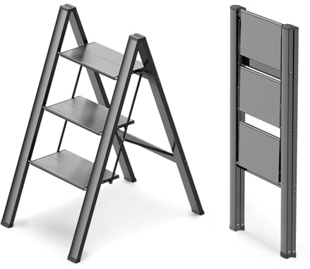 WOA WOA Leiter mit 3 Stufen, zusammenklappbar, Aluminium, leichte Leiter für Zuhause, Küche, Schrank, rutschfeste Pedale, einfach zu Falten, tragbar, 136 kg Kapazität, Schwarz