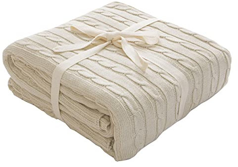 Lifup Gestrickte Decke aus 100% Baumwolle Warme Weiche Zopfmuster Kuscheldecke für Bett Sofa Couch Beige 110x180cm