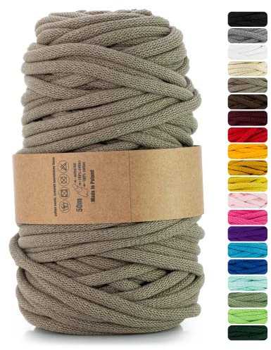 Netuno 1x Makramee-Garn Dunkelbeige 9 mm 50 m Baumwollkordel mit Polyesterkern Kordel aus Baumwolle Kordelband Naturkordel Baumwollgarn für Makramee Basteln Garn dick Kordel farbig Cotton Cord