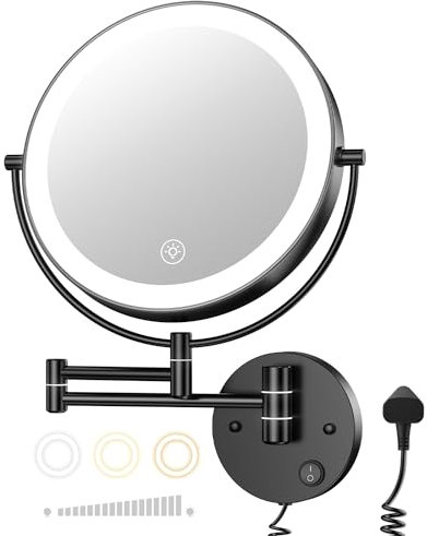 Gospire 9” Wall Mounted Lighted Makeup Vanity Mirror with 3 Color Lights & Stepless Dimming, 1X/10X Magnifying LED Double Sided Bathroom Touch Sensor Extendable Arm 360° Swivel Shaving Cosmetic Mirror