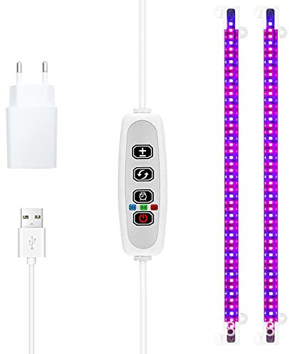 Pflanzenwachstums Lichtstreifen, LED Wachstumslichter für Zimmerpflanzen, 430nm + 660nm Rot Blau Licht, 3/9/12 Stunden Timer, 4 Schalter Modus, Wachstumslampe für Sukkulenten, 2 Röhre-EU Stecker