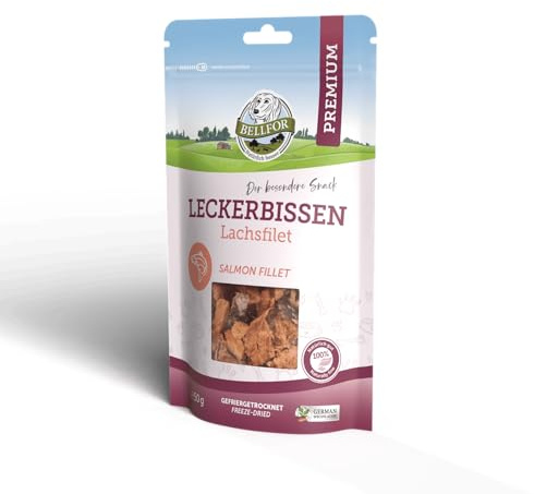Bellfor Gesunder Leckerbissen für Hunde Gefriergetrocknetes Lachsfilet - 50 g. Getreidefreie Hundeleckerlis Reich an Omega-3-Fettsäuren und Proteinen. Natürliche Leckerlis für Hunde.
