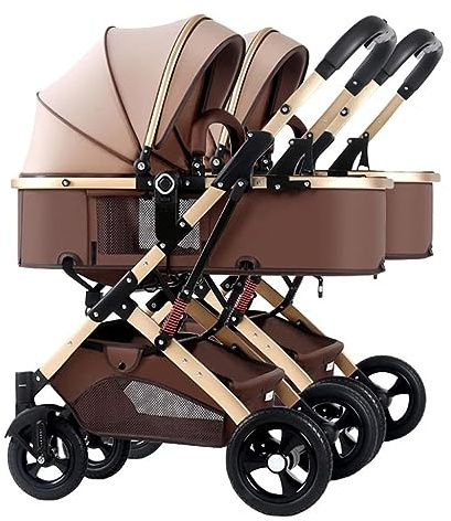WIGSELBL Zwillings-Kinderwagen, Doppel-Kinderwagen, Kleinkind-Kinderwagen for Zwillinge nebeneinander, Faltbarer Doppelsitz-Tandem-Kinderwagen, wendbar, leicht zusammenklappbar (Color : Khaki)
