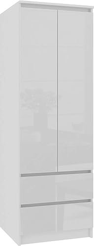 AKORD Kleiderschrank Star S | Zweitürig S 60 cm | 2 Schubladen mit Regalen und Einer Kleiderstange | für Kleiderschränke Schlafzimmer | Laminierte Platte 16 mm Farbe Weiß/Weißer Glanz