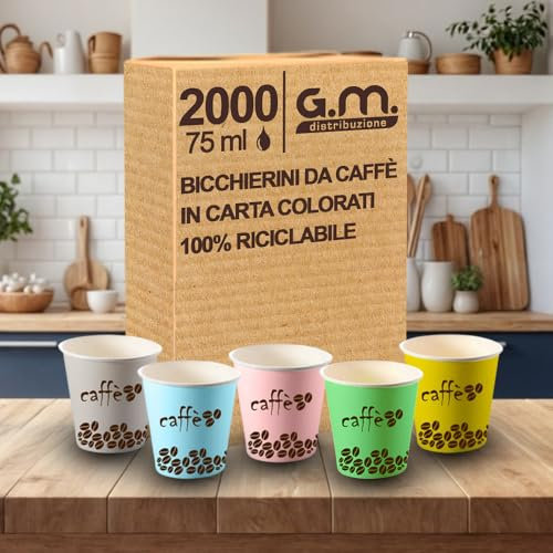 2000 Pezzi Bicchieri da Caffè in Carta Colorati con Grafiche Miste, 75 ml, Biodegradabili Biocompostabili, Usa e Getta, Ideale per Casa, Ufficio, Asporto Bevande Calde