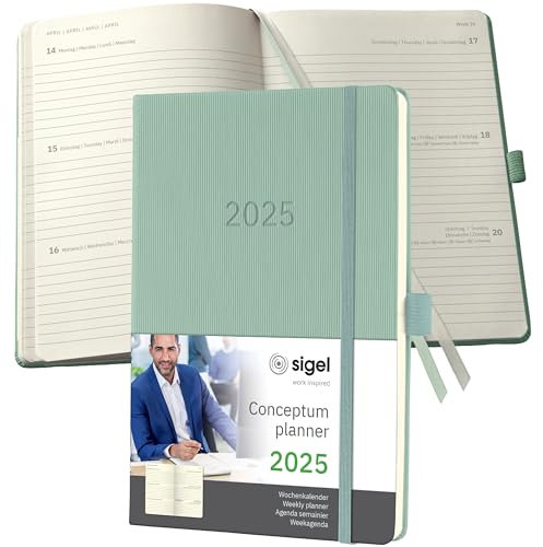 SIGEL C2572 Wochenplaner Wochenkalender 2025, ca. A5, grün, Hardcover, 192 Seiten, Gummiband, Stiftschlaufe, Archivtasche, aus nachhaltigem Papier, Conceptum