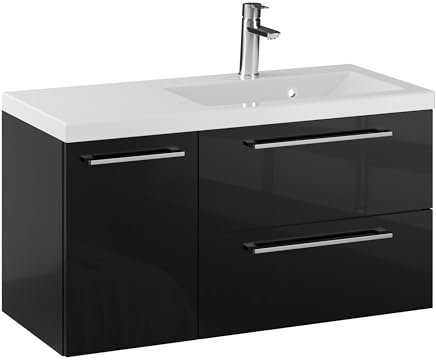 Furni Rosen 90 cm Hängend Waschbecken mit Unterschrank und Eleganten und Chromgriffen Waschbeckenunterschrank Badezimmer Waschtisch mit Unterschrank Waschtischunterschrank