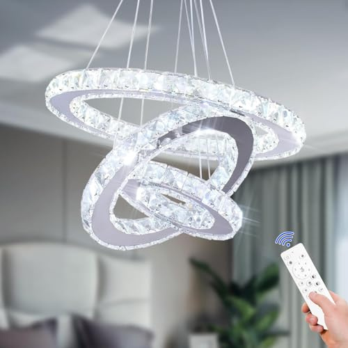 Cainjiazh 3 Ring Crystal Pendant Light Dimmable with Remote | Height Adjustable Dimmable LED Chandelier for Dining Room Living Room Bedroom and Kitchen Island