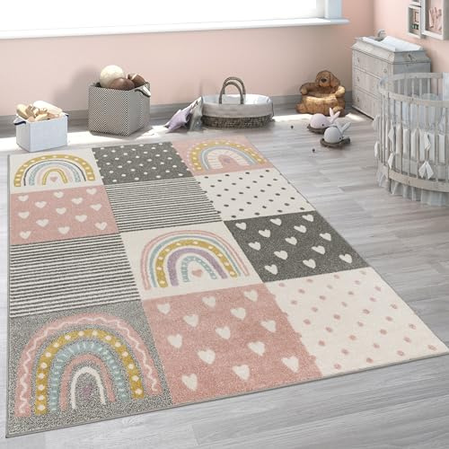 Paco Home Kinderteppich Teppich Kinderzimmer Mädchen Jungs Verschiedene Motive Und Größen, Grösse:120 cm Rund, Farbe: Creme Rosa Grau