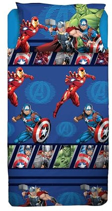 Avengers, Bettwäsche-Set für Einzelbett, Disney, Bettlaken, Spannbettlaken, Kissenbezug, Blau, Marvel Disney, 100% Baumwolle, offizielles Produkt