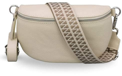 ADEL Bauchtasche Damen Echtleder Emma Silber Handgemachte Umhängetasche Crossbody Bag mit Optionalen Breiten Gemusterten Riemen Stylische Hüfttasche Made in Italy (Beige-Silber 3, Large)