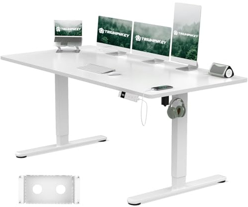 TRIUMPHKEY Bureau Assis Debout 160x80cm avec Prise Type-C, Bureau Réglable en Hauteur avec Bac de Gestion des Câbles, 3 Mémoires de Hauteur, Blanc