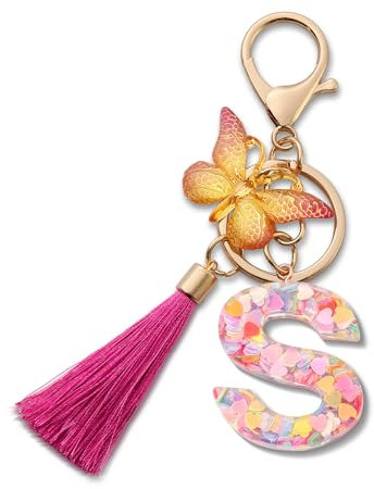 MORSUNBELA Schlüsselanhänger mädchen,Schlüsselanhänger mit Buchstabe,Schlüsselanhänger Schmetterling,Keychain Anfangsbuchstabe für frauen,rosa