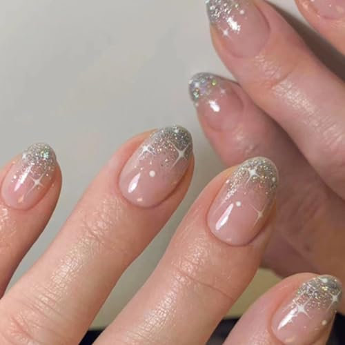 Caiguoer Lot de 24 faux ongles courts dégradés à paillettes pour femmes et filles (A)