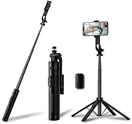 Palo selfie Bluetooth con mando a distancia inalámbrico, extensible, con tornillo de 1/4 pulgadas para iPhone y Android, grabación de vídeo, blogs y transmisión en directo (negro)