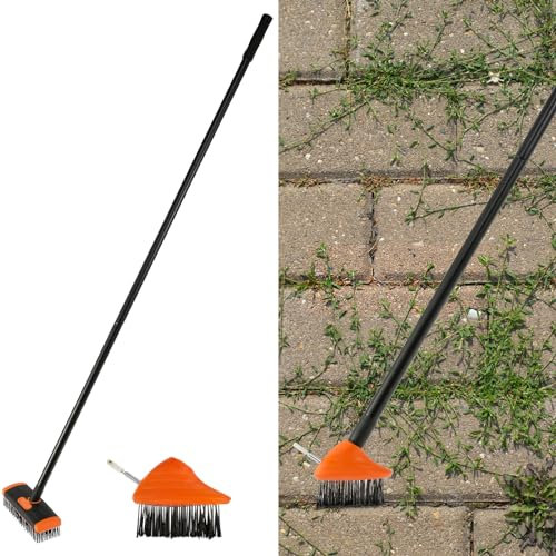 3 in 1 Telescopic Weed Remover Brush with 133cm Handle, Patio Wire Brush with Rectangular +Triangular Brush Head, Paving Decking Clean Scrub Moss Weed Remover Tool for Cleaning Path Walkway Driveway