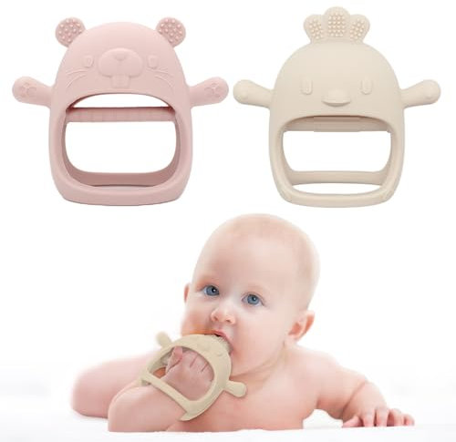 Teething-Silicone-Teether 2 Pack Teething Toys for Baby - Teething Mitten for Babies,Baby Teethers for Toddler Infant, Silicone Baby Teether Toys - Baby Boy Girl Shower Gifts, Pink and White