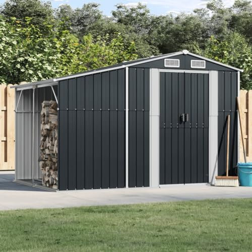 Keyroto Gerätehaus Metall Geräteschuppen Schuppen Garten Gartenhaus mit Rampe Gerätehaus Verzinkter Stahl Anthrazit 277x192,5x179 cm