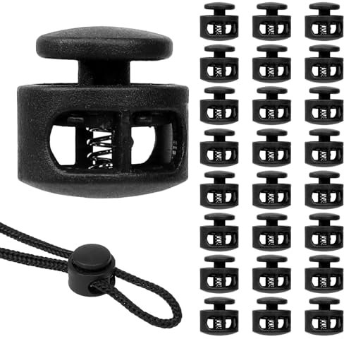 Giantree 24 Stück Kordelstopper mit Doppelloch, 5mm Kordel Stopper Kordelklemme Federschnur Schlösser Schwarz Kunststoff Kordelklemme Cord Locks für Kordelzug Taschen Schnürsenke
