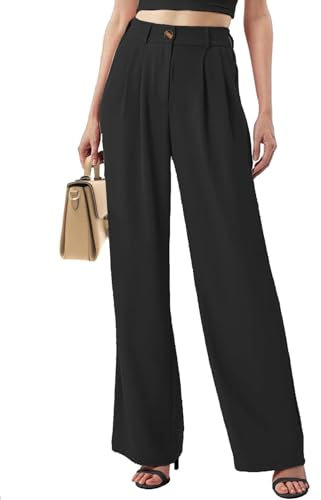 Joligiao Pantalon Cargo pour Femmes Pantalon Jambe Droite Palazzo Pantalon Taille Haute Pantalon Fluide Pantalon Ample Décontracté Chic et Elegant Pantalon Plissé avec Poches Casual(Noir,S)