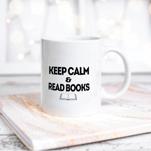 Yelolyio Weiße Tasse Keep Calm and Read Books, Keramiktasse mit Zitaten, weiße Teetasse, Geschenk für Mutter, Vater, Großmutter, Opa, Damen, Herren, 325 ml