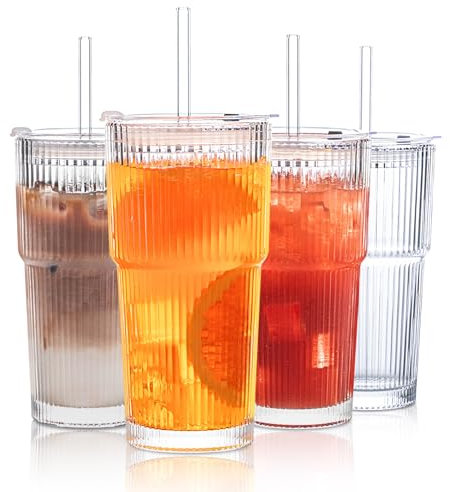 INSETLAN 8 Stück 600ml Gerippte Glasbecher mit Deckel und Strohhalm, dickwandige und robuste Smoothie Becher aus hochwertigem Glas, luftdichtes und wasserdichtes Design, ideal als Kaffee